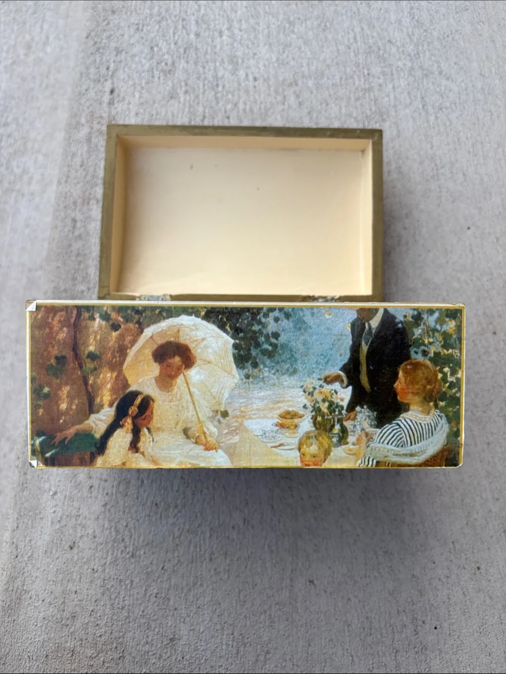VTG Wood Trinket Box The Arbour Painting Print Victorian Cottagecore